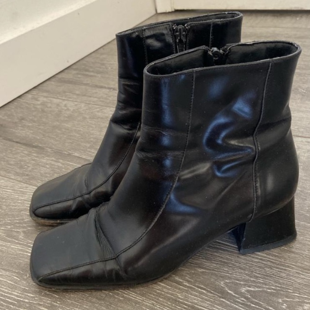 American vintage square toe vegan patent leather ankle boots